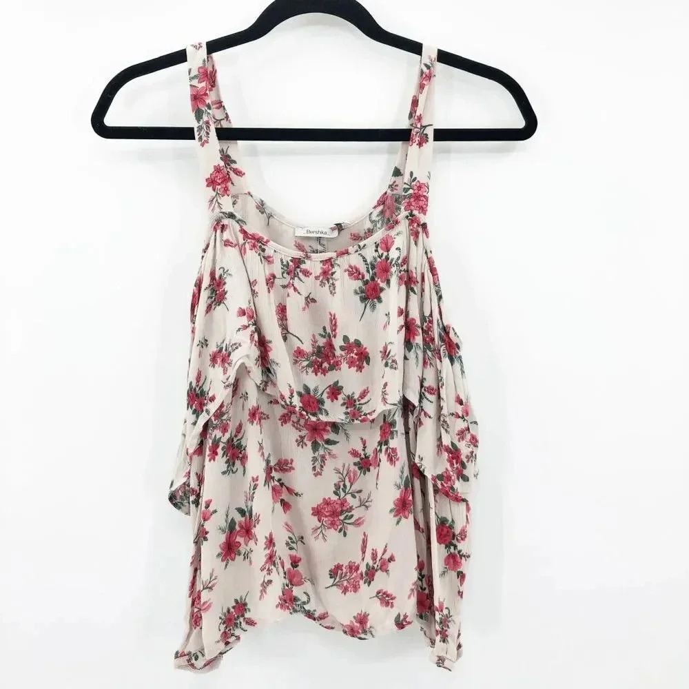 Bershka Women's Cream Pink Floral Cold Shoulder Long Sleeve Blouse Size M
